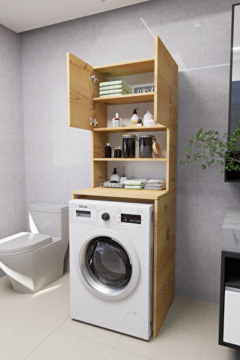 Mirobi Verani Çamaşır Makinesi Dolabı Banyo Kiler Çift Kapaklı Arkalıklı Dolap Çam 180x65x30