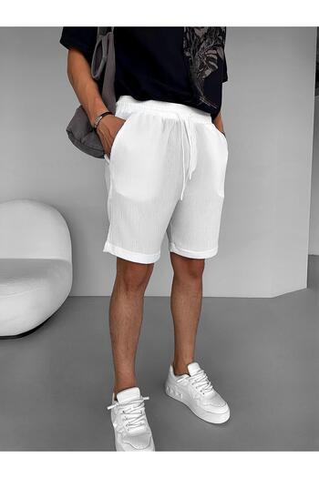 ablukaonline White Men's Seersucker Shorts - Elastic Waist