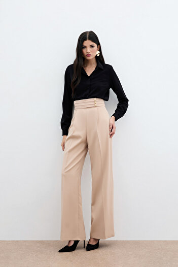 Sateen Waist Detailed Trousers - Beige