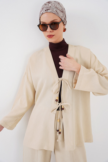 Bigdart Women's Linen Kimono Double Set 6727 - Cream