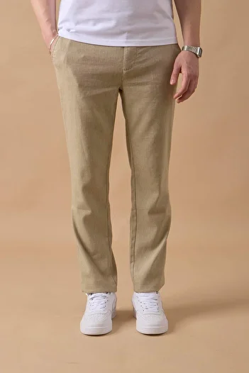 BRACCAS Men's Khaki Slim Fit Linen Blended Striped Trousers