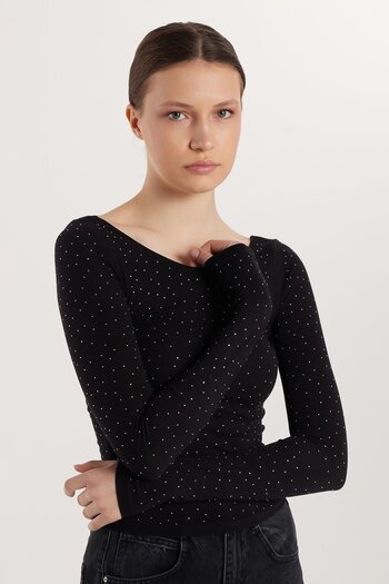Tudors Women's Modal Fabric Slim Fit Slim Fit Long Sleeve U Neck Black Blouse