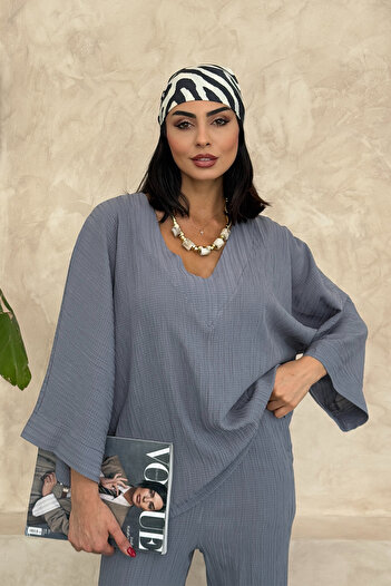 Ortaya Çık Gray Bottom Top V-Neck Seersucker Suit