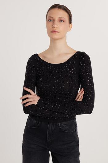 Tudors Women's Modal Fabric Slim Fit Slim Fit Long Sleeve U Neck Black Blouse