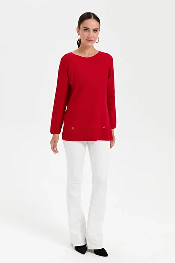 Desen Triko Red Seamless Crew Neck Women's Sweater
