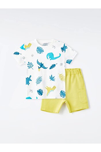 LC Waikiki Lcw Kids Ecru Crew Neck Short Sleeve Printed Baby Boy T-Shirt and Shorts Set of 2