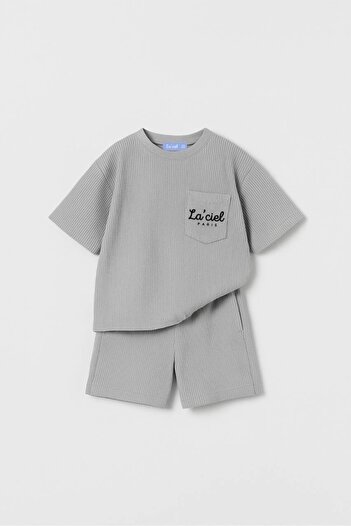 MİNİKO KİDS Laci̇el Paris Printed Seersucker Cotton Suit with Pocket Detail Shorts