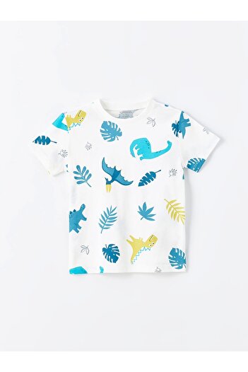 LC Waikiki Lcw Kids Ecru Crew Neck Short Sleeve Printed Baby Boy T-Shirt and Shorts Set of 2