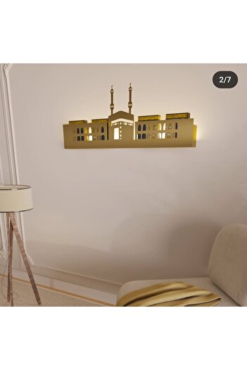 Wallover Design Özel Metal LazerKesim 2mm Kalınlık İslami Kabe Temalı Kablosuz Pilli Ledli DuvarRafı (PİLLER Hediye)
