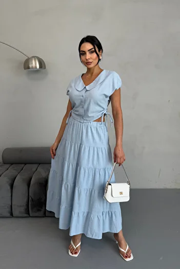 Ortaya Çık Blue Linen Side Gathered Shirt Skirt Set