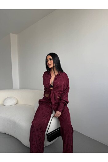 LB Laluna Butik Women's Jacquard Draped Fabric Shirt and Trousers Set