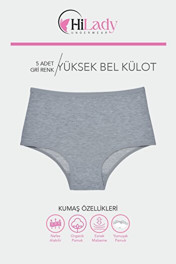 Hilady Chiloți de damă din bumbac elastic Lycra Pachet de 5 chiloți cu talie înaltă gri
