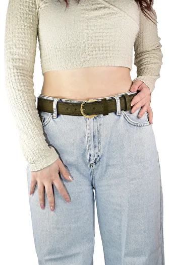 GoDeri 100% Genuinem Leather, 4cm Milk Military Green Women's Belt with Gold Buckle; for Jeans, Sports Belt