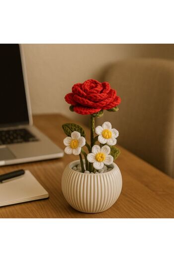El örgüsü Hand Knitted Rose in a Pot - a Gift That Does Not Fade for Your Loved Ones