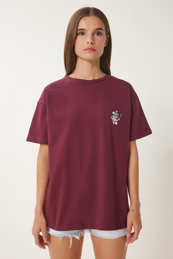 Happiness İstanbul Damen-T-Shirt aus Baumwolle mit Teddybär-Stickerei in Burgunderrot CR00485