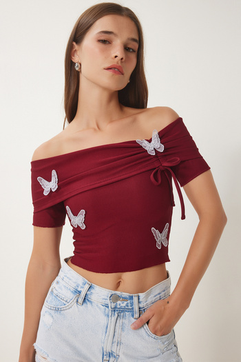 Happiness İstanbul Burgunderrote Carmen-Kragen-Bluse mit Schmetterlingsdetails für Damen FW00008