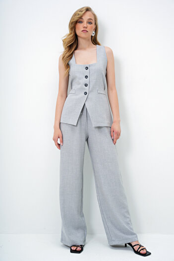 Trend Alaçatı Stili Women's Grey Square Collar Lined Woven Linen Vest and Double Pockets Palazzo Pants Suit Alc-X13910