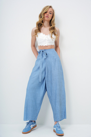 Trend Alaçatı Stili Women's Blue Lacing Detailed Shalwar Cut Aerobin Trousers Alc-X13896