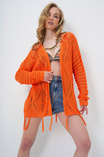 Trend Alaçatı Stili Women's Orange Back Butterfly Motif Skirt Tasseled Ethnic Crochet Cardigan Alc-X8693