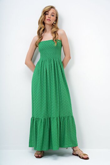 Trend Alaçatı Stili Women's Green Guipure Lined Guipure Strapless Dress Alc-X14137