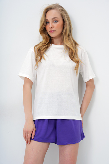 Trend Alaçatı Stili Women's Purple Cotton Basic T-Shirt and Tie-Up Shorts Combed Cotton Bottom Top Set Pjm-X13904