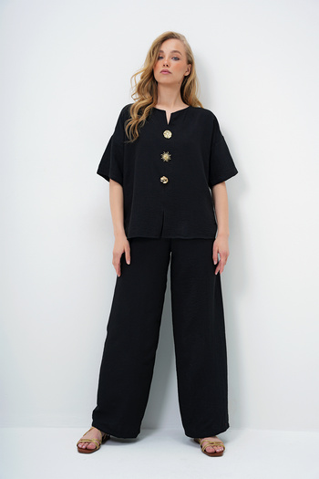 Trend Alaçatı Stili Women's Black V-Neck Metal Gold Button Detail Aerobin Blouse and Pant Bottom Top Suit Alc-X14122