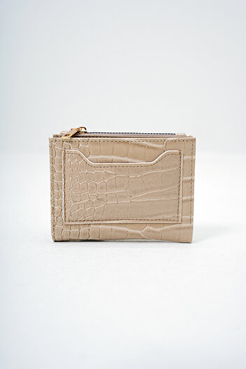 Trend Alaçatı Stili Women's Beige Faux Leather Croco Pattern Wallet Card Holder with Paper and Coin Compartments Alc-X14082