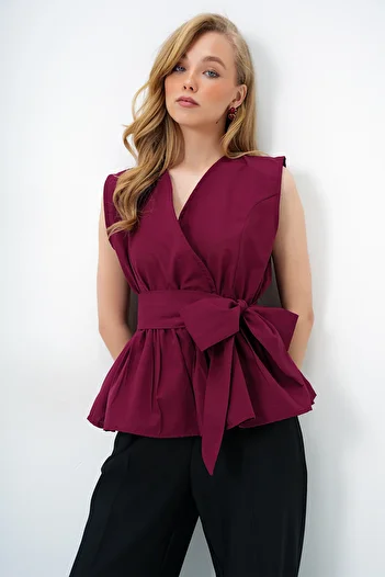 Trend Alaçatı Stili Women's Burgundy Double Breasted Collar Skirt Flounced Self Belted Summer Poplin Blouse Alc-X14126