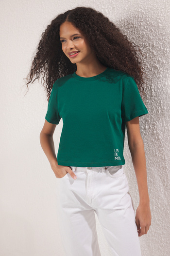 Trendyol Collection Emerald Green Slogan Printed Regular/Normal Fit Knitted T-Shirt Twoss23Ts00125