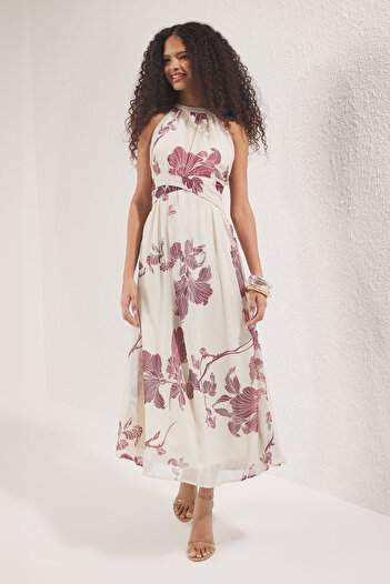 Trendyol Collection Κρεμ φλοράλ μοτίβο με ανοιχτή φόδρα σιφόν υφαντό Maxi Flight Flight φόρεμα TWOSS25EL00731