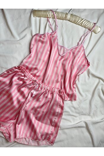 ROZENİN LINGERIE Pembe Çizgili Ayarlanabilir Askılı Saten Pijama Takımı