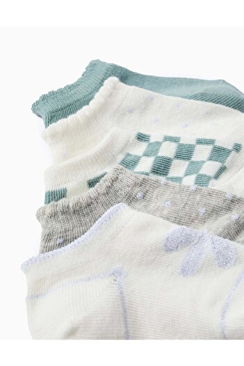 Ziddy Pack of 5 Pairs of Ankle Socks with Lurex Threads for Baby Girls, Grey/White/Green