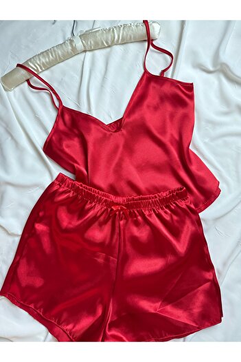 ROZENİN LINGERIE Kırmızı Ayarlanabilir Askılı Saten Pijama Takımı
