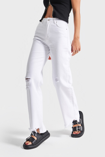its basic Γυναικείο λευκό χρώμα Doris 13s5-2 Straight Fit High Waist 100% Koton Ripped Detailed Denim Jean