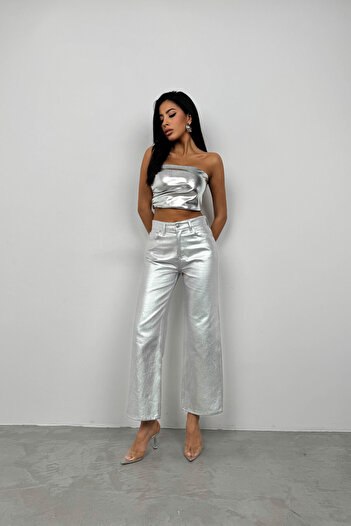 Black Fashion High Waist Metallic Silver Trousers