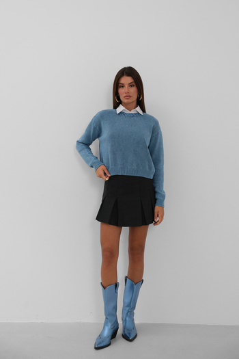 Black Fashion Pulover albastru din tricotaje crop lavabile