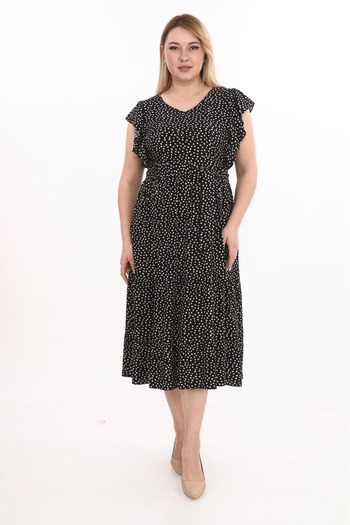 etselements Flounce Sleeve V-Neck Belted Polka Dot Long Viscose Dress 5284 Black-Beige