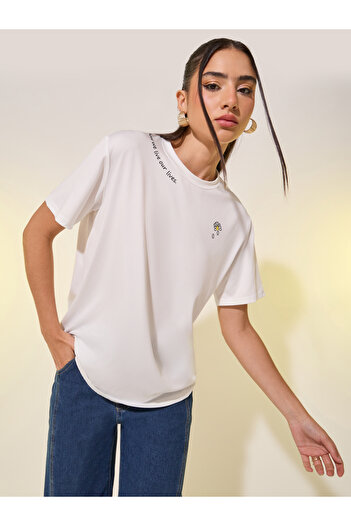 Take Two By Styli Women White Slogan Print Round Neck Regular Fit T-Shirt