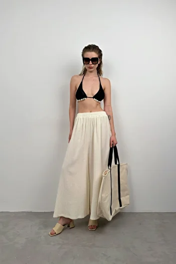 Black Fashion Ecru Linen Trousers - Thick Belt Design