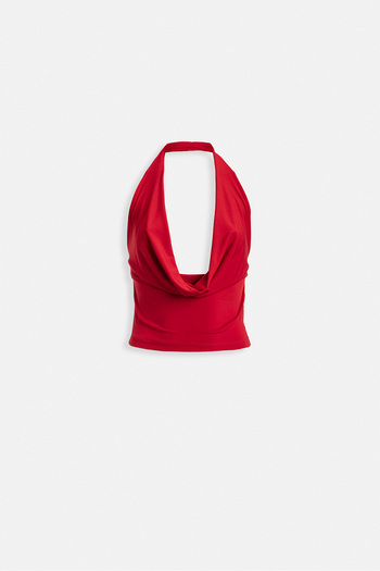 Black Fashion Crop Red Blouse with Peplum Collar