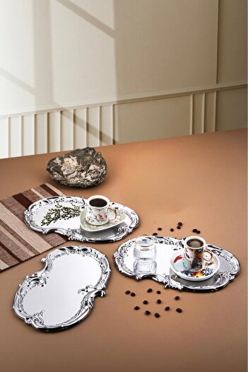 AHİR TİCARET Silver Artnova Embroidered Patterned Coffee and Presentation Tray 3 Pieces