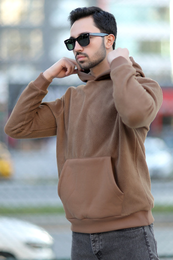 JB John Borners Ανδρικό φούτερ με κουκούλα Oversize Καφέ Kangaroo Pocket Intersoft Hoodie - 5738