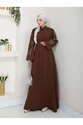EFSUN MODA Γυναικείο Φόρεμα Ferace - Μουσουλμανικά Ρούχα με Λεπτομέρεια Πέτρας, Καφέ Χρώμα
