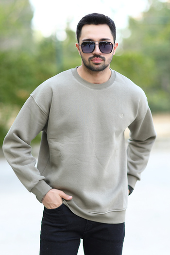 JB John Borners Ανδρικό φούτερ Oversize Χακί Crew Neck JB Κεντημένο 3 κλώνα Ανοιχτό Βαμβακερό Μείγμα - 5405