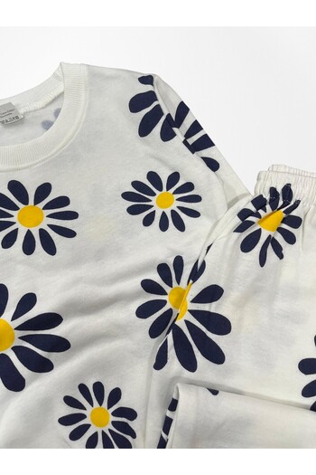 Pijamakids Girl's 100% Cotton White Color Daisies Flower Patterned Long Sleeve Winter Pajama Set