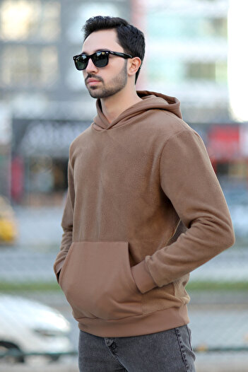 JB John Borners Ανδρικό φούτερ με κουκούλα Oversize Καφέ Kangaroo Pocket Intersoft Hoodie - 5738