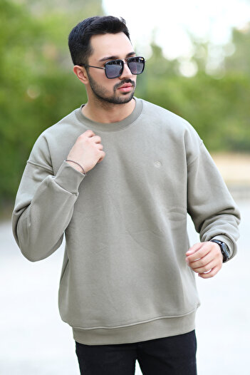 JB John Borners Ανδρικό φούτερ Oversize Χακί Crew Neck JB Κεντημένο 3 κλώνα Ανοιχτό Βαμβακερό Μείγμα - 5405
