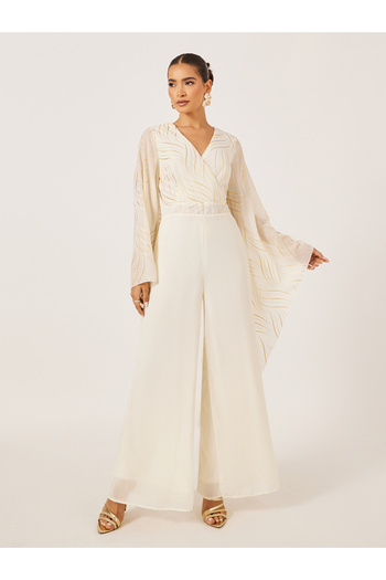 Styli Cream Foil Print Wide Leg Jumpsuit