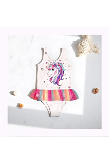 MİLAYS LİFE HOME COLLECTİON Girl's Uni̇Corn Printed Skirṫ Colorful Tulle Detailed Swimsuit