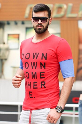 Madmext Red T-Shirt with Printed Sleeve Detail Mad4010